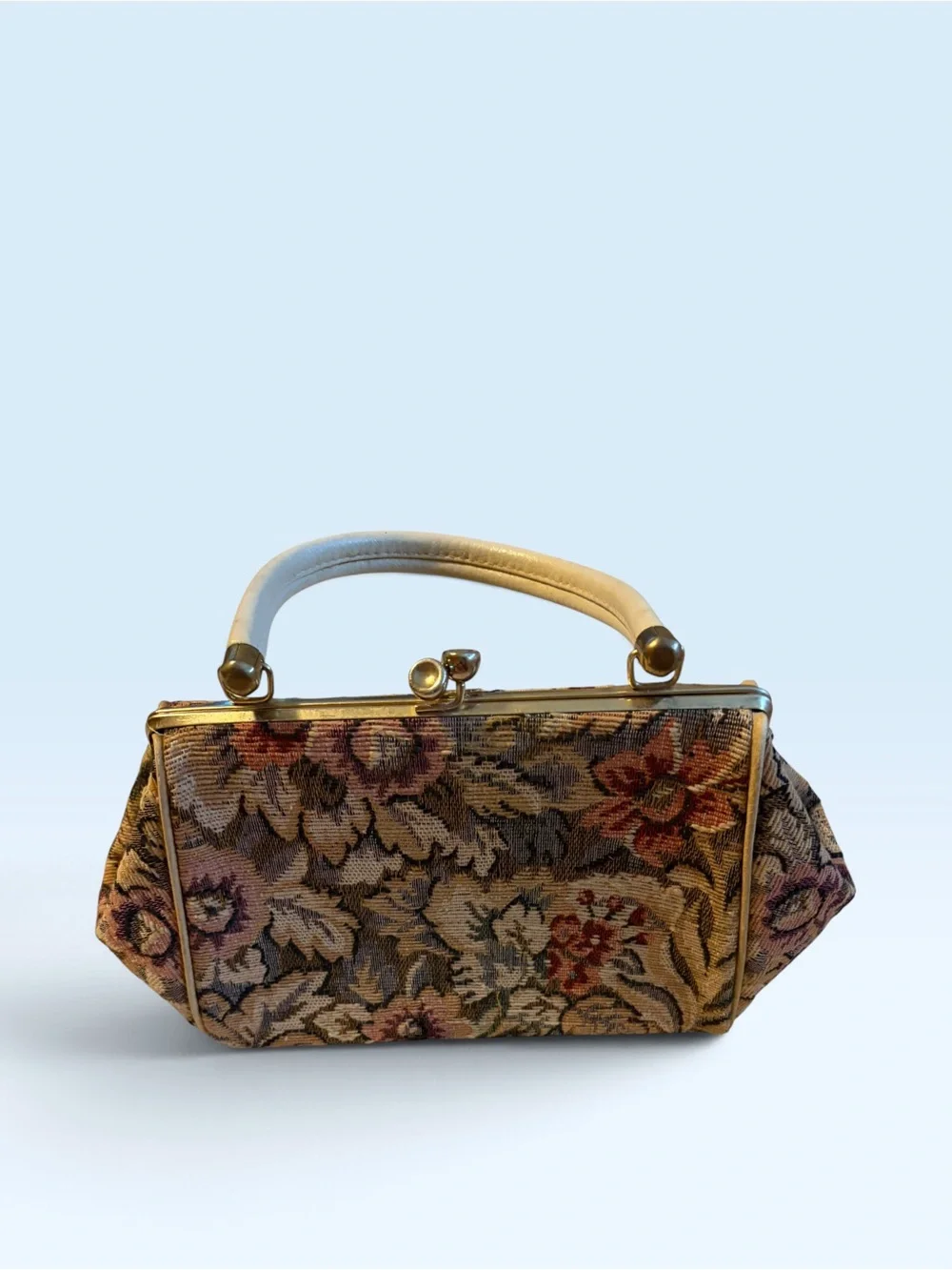 Vintage Floral Tapestry Handbag with Ivory Handles